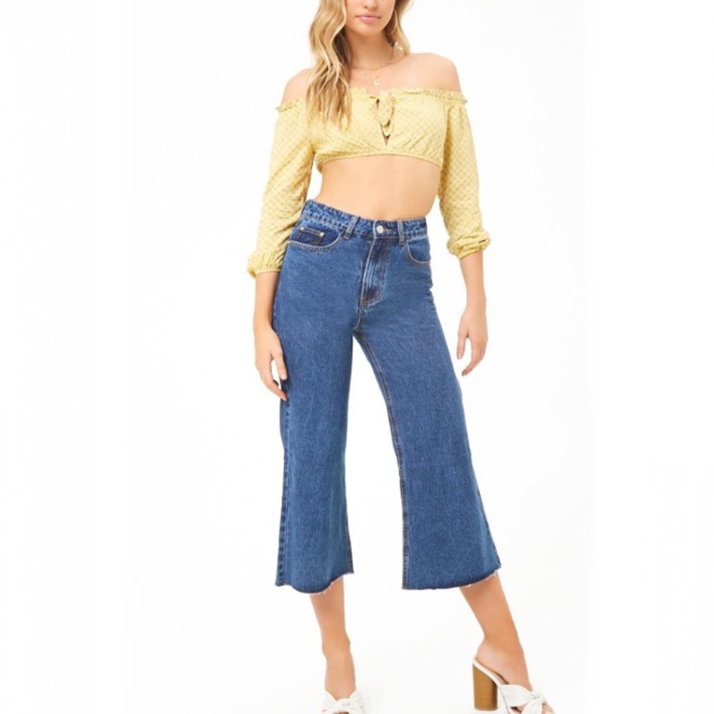 Dolls Kill Momokrom High Waist Cropped Wide Leg Raw Hem Jeans